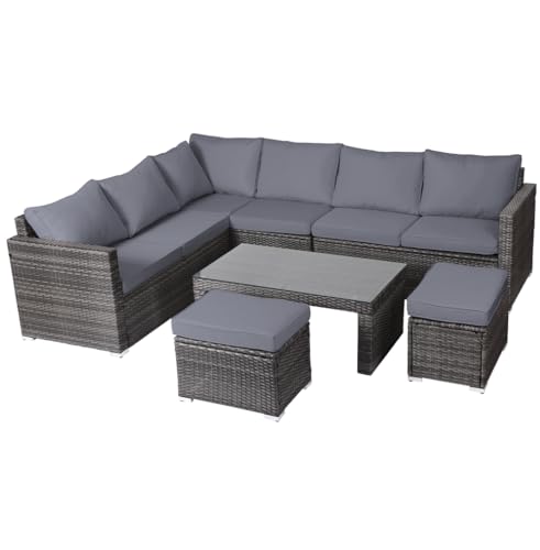 Panana Rattan Garden Sofa Set 8 Seater Outdoor Lounge Sofa with Coffee Table and Stools