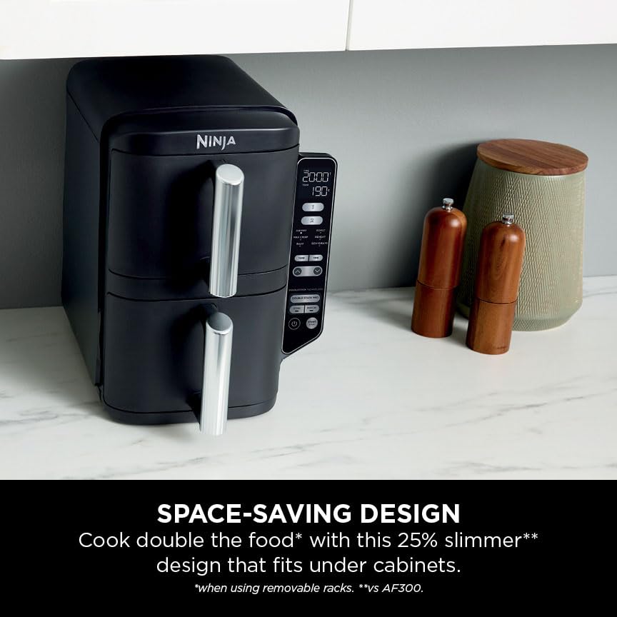 Ninja Double Stack Air Fryer, Vertical Dual Drawer Air Fryer with 4 cooking levels, 2 Drawers and 2 Racks, Black 