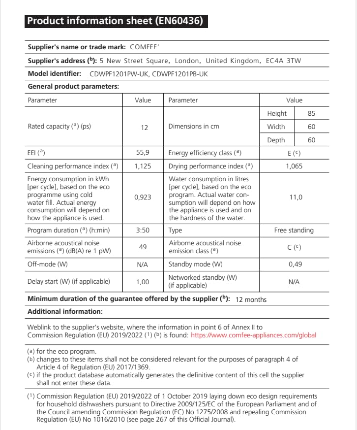 COMFEE' Freestanding Dishwasher CDWPF1201PB-UK 60cm Width, Full Size Dishwasher