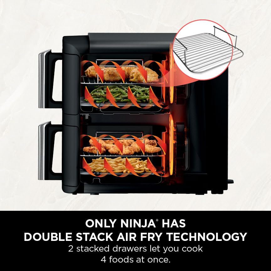 Ninja Double Stack Air Fryer, Vertical Dual Drawer Air Fryer with 4 cooking levels, 2 Drawers and 2 Racks, Black 
