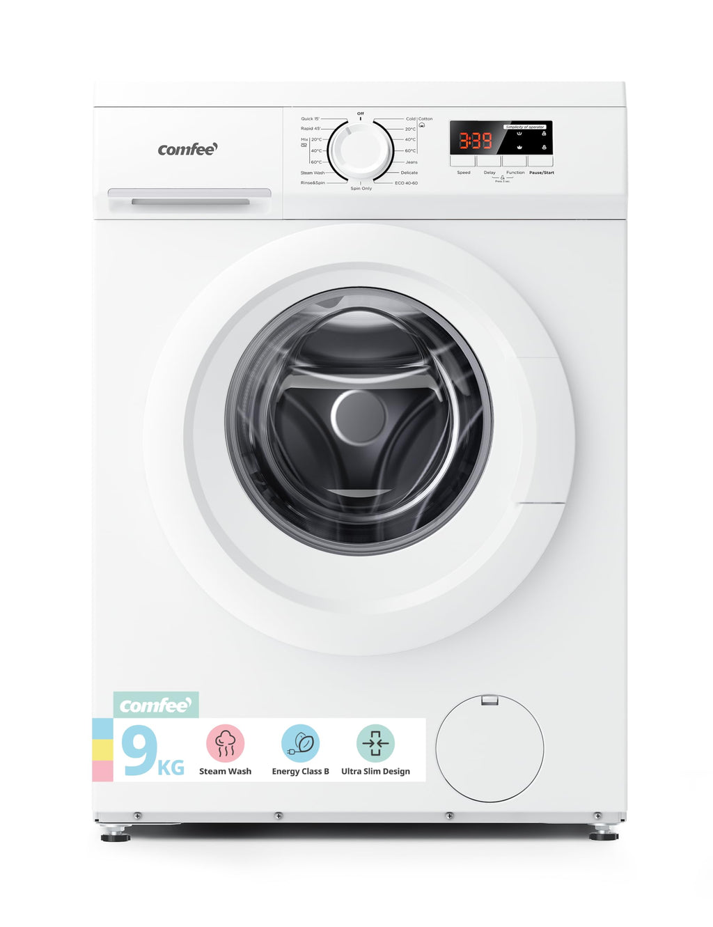 COMFEE' Freestanding Washing Machine,9KG Load,1400RPM,Steam Wash,Quick Wash
