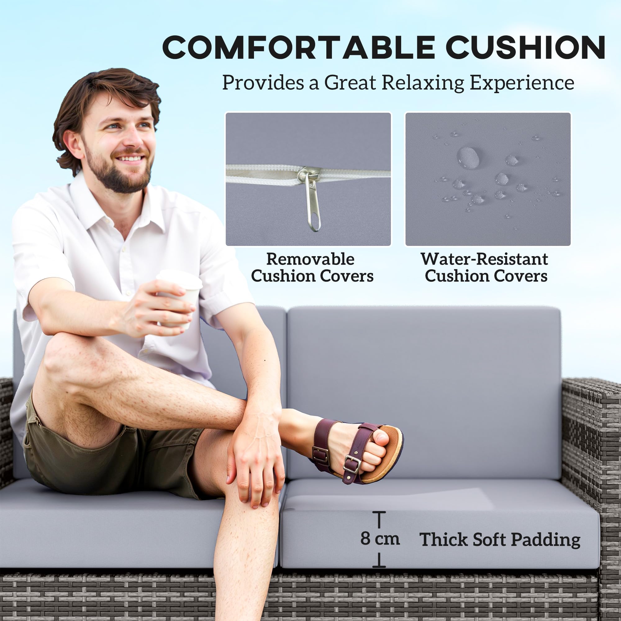 Outsunny Rattan Sofa, 2 Seater Garden Furniture with Soft Padded Cushion and Armrests