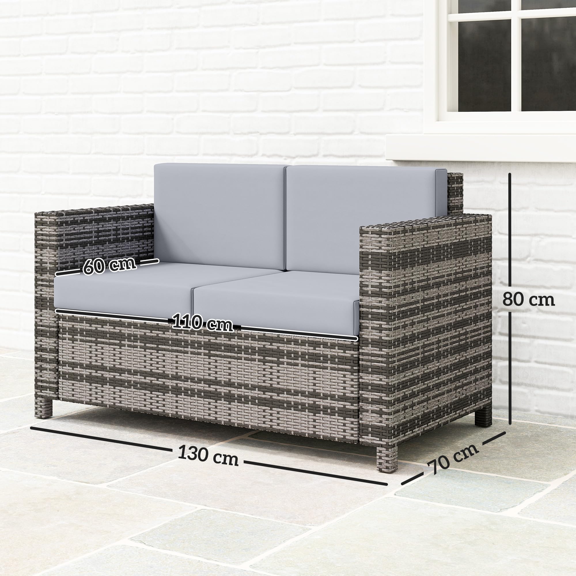 Outsunny Rattan Sofa, 2 Seater Garden Furniture with Soft Padded Cushion and Armrests