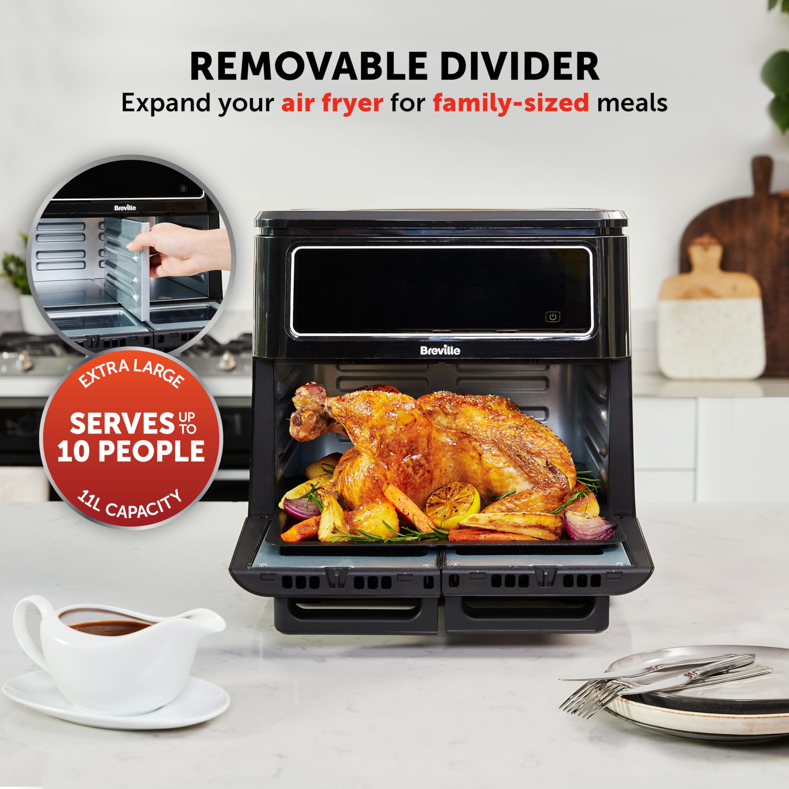 Breville Halo Flexi Air Fryer | Digital Dual Air Fryer Oven | 11L: Serves 10+ People | FryBakeGrillRoast & Reheat
