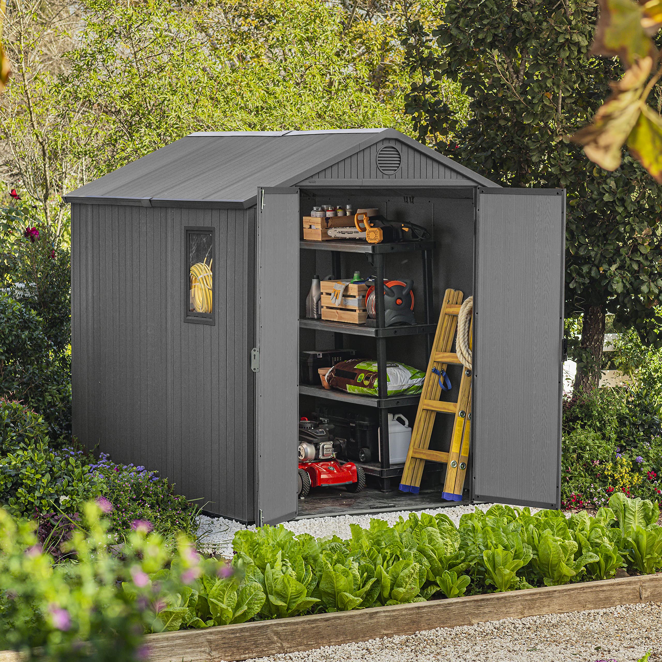 Keter Darwin Outdoor Apex Double Door Garden Storage Shed 6 x 8ft Grey Evotech+ Wood Look and Feel
